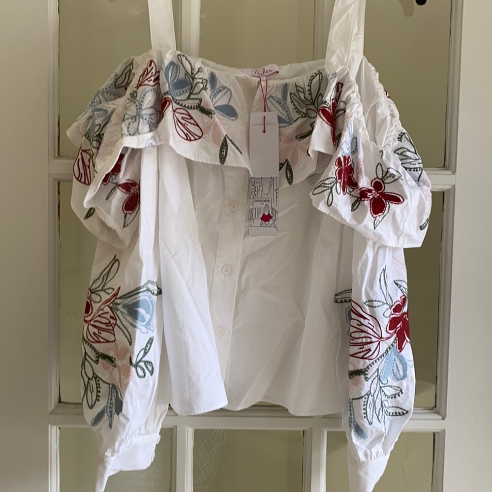 Parker Upton Square-Neck cold shoulder Embroidery Poplin Blouse
